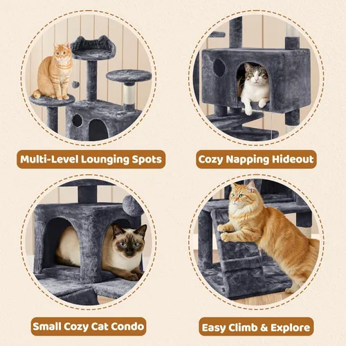 Vista 9 de Yaheetech - Torre de árbol para gatos de 62 pulgadas, torre para gatitos de interior, muebles para mascotas con doble refugio, postes para rascar