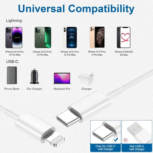 Vista 3 de Paquete de 2 cables USB C a Lightning, cargador tipo C de 10 pies, cable de carga rápida compatible con Apple iPhone 14/14 Pro/14Pro Max/13/13