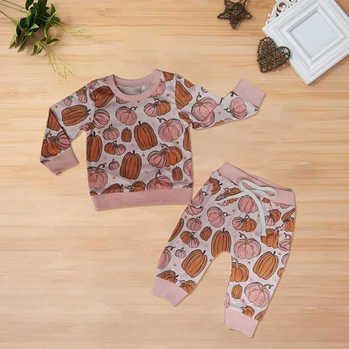 Vista 3 de Child Soft Playwear Halloween Toddler Girls Boys Long Sleeve Pumpkin Print Top And Pant Suit For 0 To 3 Years