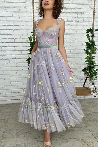 Vista 3 de Basgute Vestido de fiesta de tul con bordado de flores para mujer, corsé, largo, con tirantes delgados, de hadas, fruncido, formal, vestido de fiesta