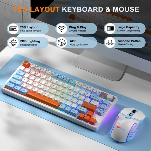 Vista 5 de BlueFinger Teclado y mouse inalámbricos 75% para juegos con pantalla inteligente, teclado inalámbrico recargable con control de perilla, mouse