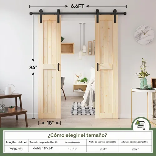 Vista 7 de Losa de puerta corrediza de madera de granero de 36 x 84 pulgadas (puerta doble de 18 x 84 pulgadas) con kit de herramientas de 6.6 pies, requiere