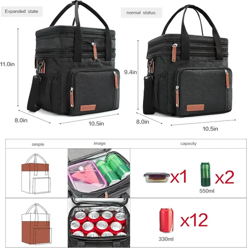 Vista 3 de MOV COMPRA Bolsas de almuerzo para hombres y mujeres, lonchera negra para adultos, para el trabajo, ampliable, a prueba de fugas, doble cubierta