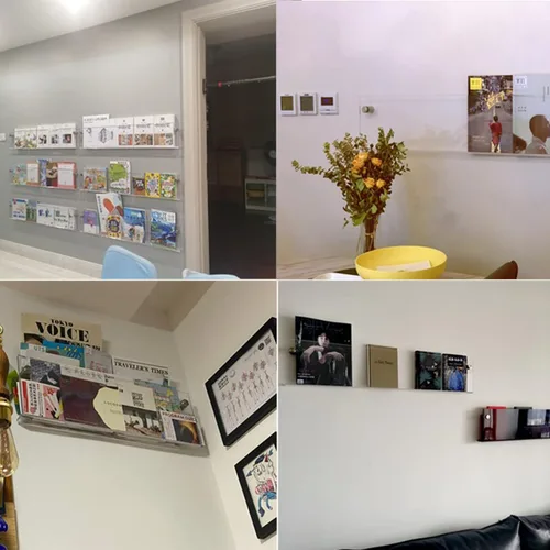 Vista 7 de Soporte para folletos de acrílico transparente de 3 niveles, estante colgante para revistas, estante de almacenamiento de literatura para sala