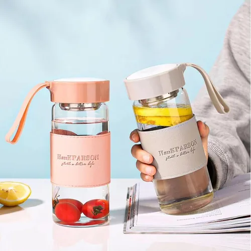 Vista 3 de Botellas de agua de vidrio de 16 onzas, botella de agua de borosilicato, con tapa de sellado y fundas y filtros, sin BPA, botella de vidrio portátil