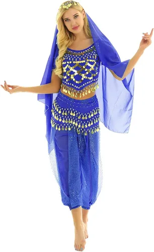 Vista 2 de iEFiEL - Disfraz de danza del vientre para mujer, para Halloween, carnaval, India, danza superior, pantalones para la cadera, bufanda, accesorio