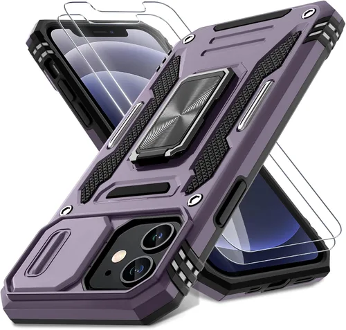 Vista 10 de DEERLAMN Funda para iPhone 12/12 Pro con cubierta deslizante para cámara + protector de pantalla (2 unidades), soporte de anillo giratorio de grado