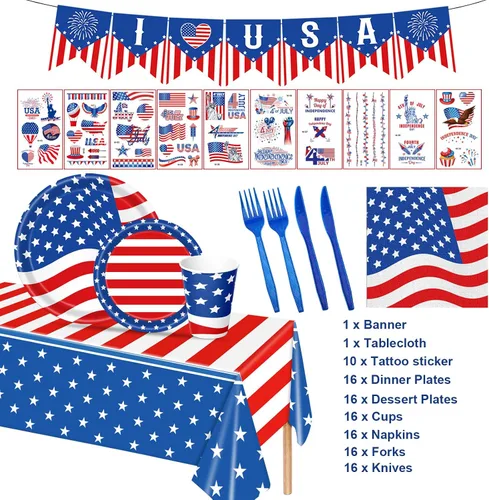 Vista 7 de 108 piezas de suministros para fiesta del 4 de julio, juego de vajilla con la bandera estadounidense, decoraciones patrióticas para fiestas