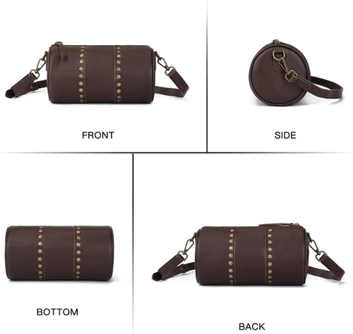 Vista 7 de Bolsos cruzados de cuero genuino para mujer, bolso cruzado bohemio con tachuelas, bolso de hombro pequeño para teléfono y cartera