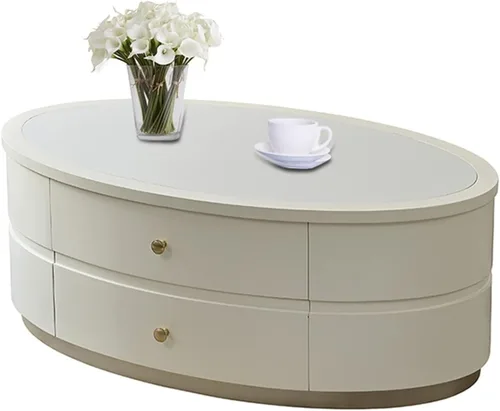 Vista 8 de Mesa de té para sala de estar, mesa de centro moderna con mesa única y base estable, mesa de sofá ovalada con 2 cajones grandes para sala de estar