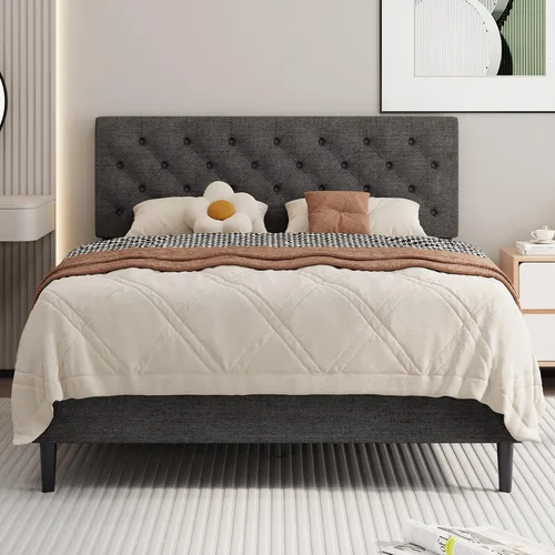 Vista 10 de BarnFurin Marco de cama tamaño completo con cabecero, cama de plataforma tapizada con cabecera acolchada con botones ajustables, marco de cama