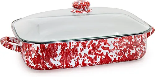 Vista 4 de Golden Rabbit Enamelware - Sartén para asar con tapa, 10.5 cuartos de galón, Black Swirl