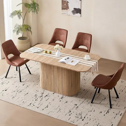 Vista 18 de Juego de 4 mesas de comedor grandes de 63 pulgadas para 4, esquinas redondeadas, mesa de cocina rectangular moderna de madera con sillas Boucle