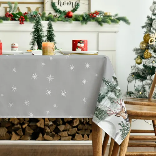 Vista 3 de Horaldaily Mantel de Navidad Rectangular de 52×70 Pulgadas, Ciervos Muñeco de Nieve Árboles Gris Cubierta de Mesa Lavable para Fiesta Pícnic