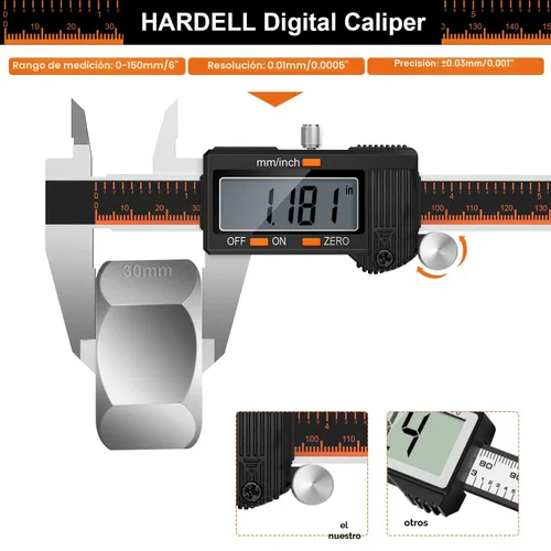 Vista 2 de HARDELL Calibre digital de 6 pulgadas, herramienta de medición de calibre de acero inoxidable con gran pantalla LCD, calibre de micrómetro