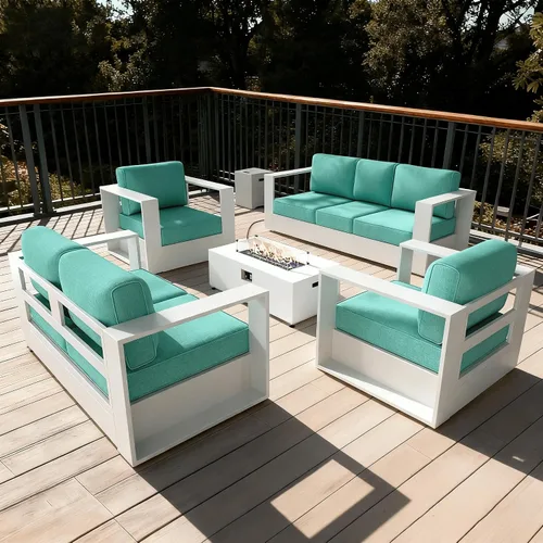 Vista 21 de LayinSun - Juego de muebles de exterior de aluminio de gran tamaño de 5 piezas con mesa auxiliar Negro/Gris oscuro