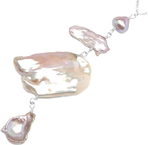 Vista 2 de Collar de cadena de flamenco abstracto de perlas de agua dulce cultivadas en malva grande de plata esterlina con relleno de oro