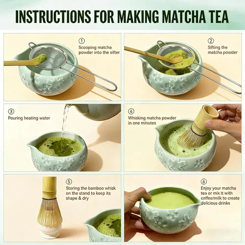 Vista 6 de Paquete de 8 juegos de té Matcha de cerámica, juego de batidor de tazón