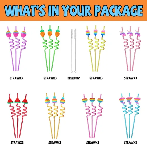 Vista 3 de 24 pajitas de plástico para beber para fiestas de cumpleaños, 8 diseños de Pop Fidget ideales para suministros de fiesta pop con 2 cepillos