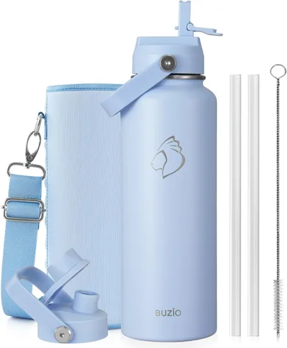 Vista 75 de BUZIO Botella de agua aislada de 24 oz, frasco de agua de boca ancha de acero inoxidable con tapa de pajita, frío durante 48 horas a prueba de Negro