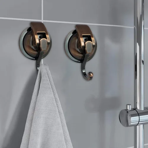 Vista 2 de Ganchos de ducha de succión al vacío resistentes, ventosa de vidrio, para decoración de bata de baño y guirnalda (paquete de 2, latón antiguo)