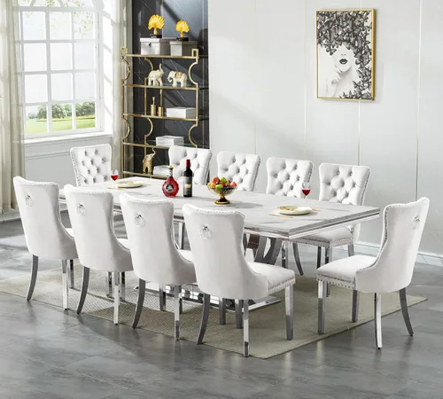 Vista 37 de SSLine Juego de mesa de comedor de mármol sintético blanco de 68 pulgadas