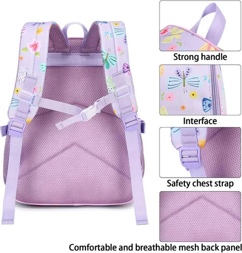 Vista 8 de Mochila para niños, mochila escolar para niñas y preescolar, mochila de unicornio para niños pequeños con clip para el pecho, púrpura
