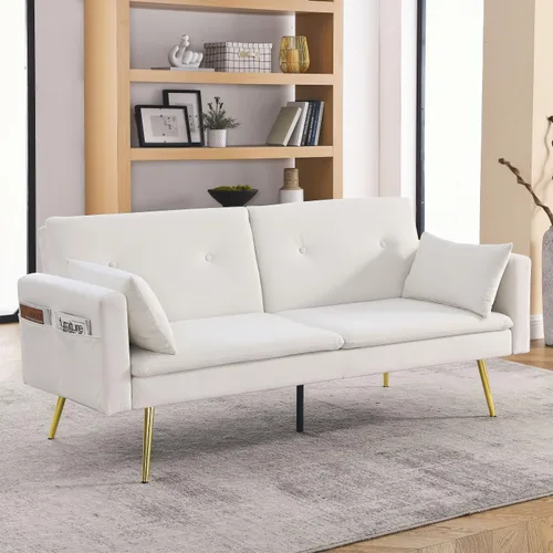 Vista 20 de HMFULE Sofá cama convertible con patas de madera maciza, tela de lino, moderno sofá futón tapizado ajustable para espacio de vida compacto, azul