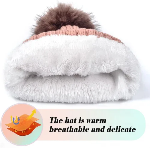 Vista 4 de Juego de 3 gorros de punto de invierno para mujer bufanda y guantes para pantalla táctil con pompón