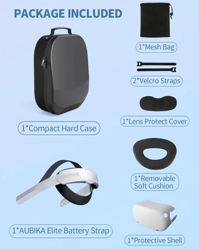 Vista 2 de AUBIKA Juego de accesorios 8 en 1 para MetaOculus Quest 2, incluye correa para la cabeza Elite + funda de transporte rígida + cubierta frontal