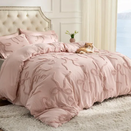 Vista 17 de Bedsure - Juego de edredón individual/King, juego de cama bohemio azul polvo capitoné, 3D, tipo jacquard, 2 piezas: 1 edredón estilo rústico chic