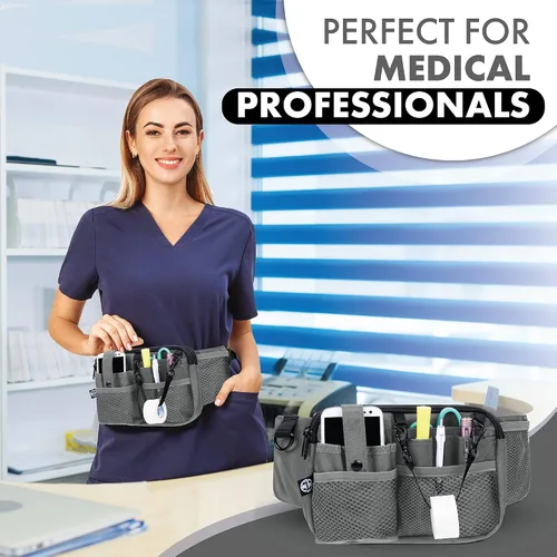 Vista 6 de First Lifesaver Riñonera para enfermera con múltiples compartimentos y soporte para cinta, Gris, L, Riñonera manos libres con múltiples
