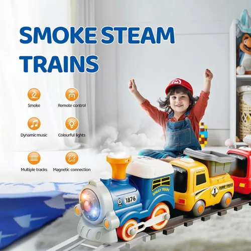 Vista 2 de Tren de juguete con control remoto para niños, conjunto de tren con luces y música con vapor de agua para niños y niñas de 3-8 años, conjunto