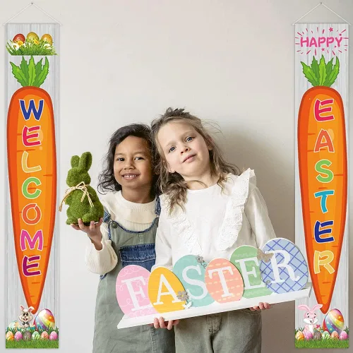 Vista 3 de 2 pancartas de tela para puerta de Pascua, huevos de Pascua, zanahoria, conejo, conejo, puerta colgante, porche, bandera colgante de bienvenida