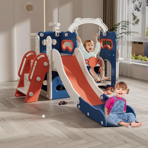 Vista 14 de DOREROOM Tobogán, columpio y tobogán para niños pequeños de 1 a 2 años con aro de baloncesto, telescopio para interiores y exteriores, parque