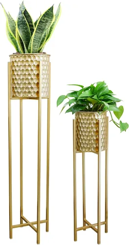 Vista 11 de TRIROCKS Juego de 2 macetas grandes de metal con soporte para plantas de interior de 28 y 18 pulgadas de alto para sala de estar, esquina, cocina