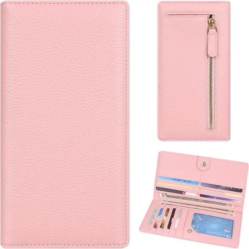 Vista 16 de Billetera para mujer, billetera RFID extradelgada, bolso plegable de cuero, con 11 ranuras para tarjetas y ventana de identificación, lindo monedero