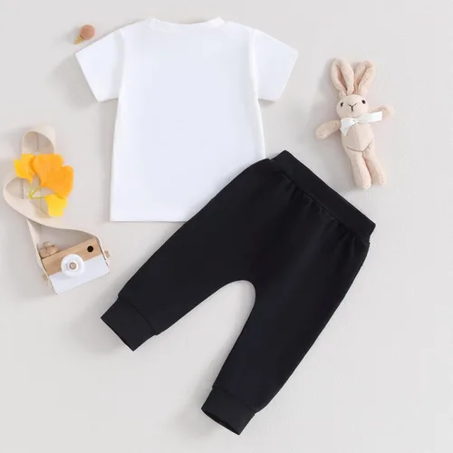 Vista 4 de Ledy Champswiin Trajes de Pascua para bebé, camiseta de manga corta con letras, tops y pantalones deportivos para niños pequeños, ropa de primavera