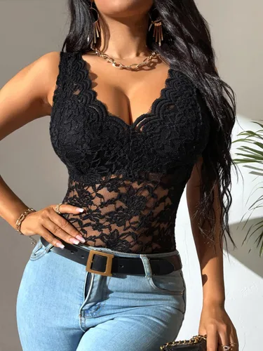 Vista 3 de Romwe Blusa sin mangas de malla floral con cuello en V y sin espalda para mujer