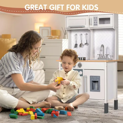 Vista 5 de BRINJOY Juego de cocina para niños, cocina de madera para niños con grifo, fregadero, estufa, horno, utensilios de cocina, gabinetes de Blanco