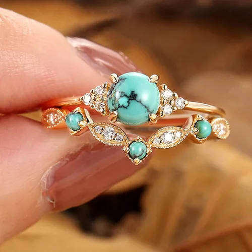 Vista 2 de Anillos gruesos dorados y turquesas apilables para mujeres, anillos para nudillos para el pulgar para mujer, diamantes de imitación vintage, joyería