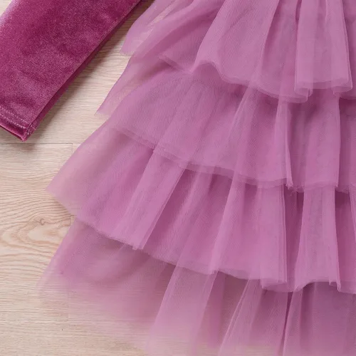 Vista 6 de Vestido de tutú de tul escalonado de terciopelo de manga larga para otoño e invierno para niñas y niñas