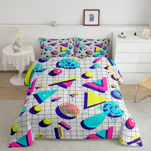 Vista 10 de Juego de edredón de estilo retro de los años 80, juego de ropa de cama de patrón geométrico abstracto, diseño urbano moderno con círculos