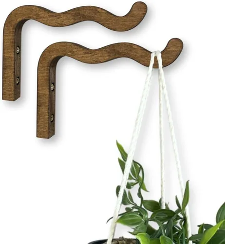 Vista 12 de EvenWood Juego de 2 ganchos para plantas de pared de 6 pulgadas, gancho de madera montado en forma de L, soporte para interiores y exteriores