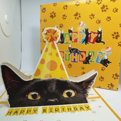 Vista 5 de Tarjeta de cumpleaños de gato negro, tarjeta desplegable 3D con sobre, tarjeta de felicitación de feliz cumpleaños para amantes de los gatos