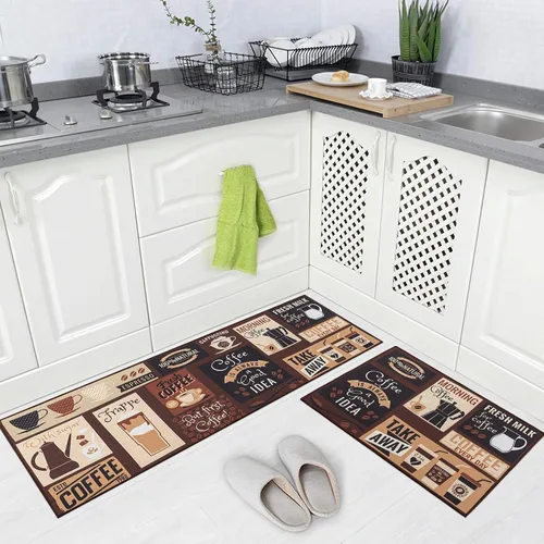 Vista 10 de Juego de 2 alfombras de cocina de 17 x 48 pulgadas + 17 x 24 pulgadas, tapetes antideslizantes lavables para suelo de cocina, 2 tapetes cómodos