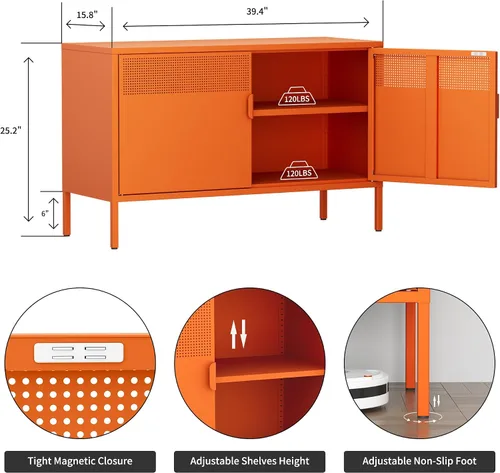 Vista 82 de Gabinete de almacenamiento de metal ancho negro, gabinete de acento de 2 puertas para el hogar y la oficina, gabinete de metal bajo de 2 niveles