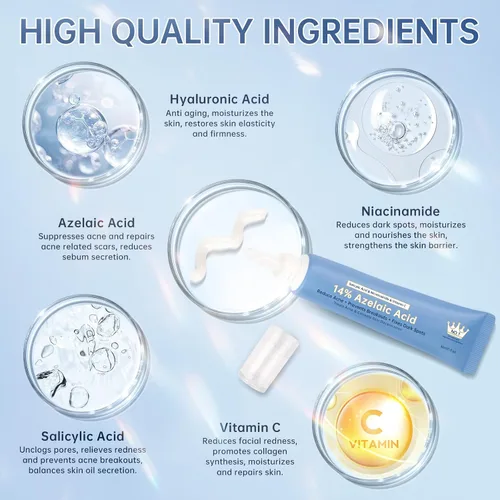 Vista 3 de Crema de ácido azelaico 14% para aliviar el enrojecimiento, manchas oscuras, suero facial con niacinamida y vitamina C previene brotes de acné