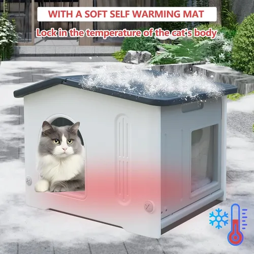 Vista 7 de Casa para gatos al aire libre con puerta de escape, casa para gatos con alfombrilla de autocalentamiento, casa para gatos al aire libre, casa grande