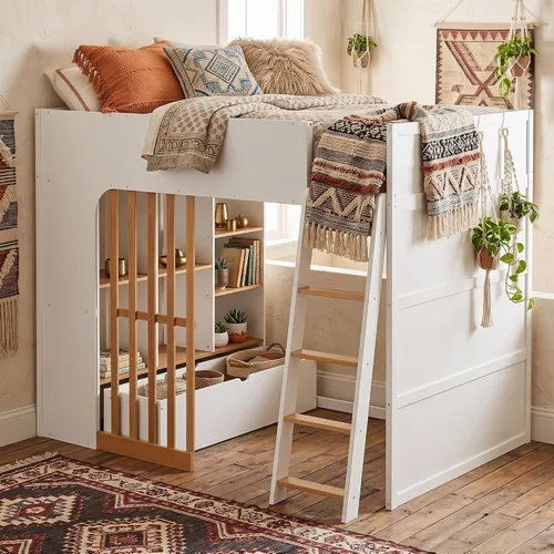Vista 29 de Playhouse Wood Twin Size Loft Bed with Storage Staircase, Desk, Shelves